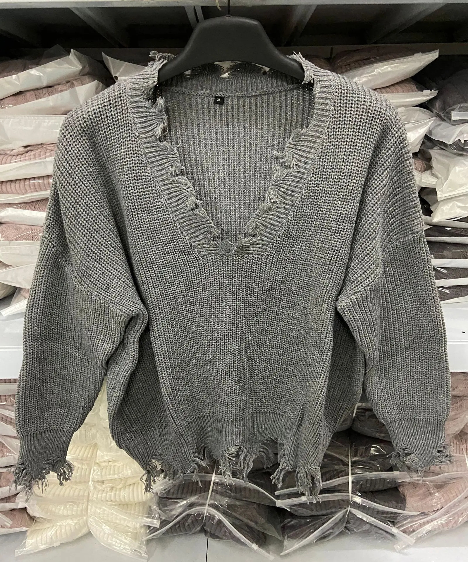 Distressed Women Sweater Autumn Winter Baggy Pullovers Off Shoulder Cropped Sweatshirt Bottom Tassel Fashion Plain Color Sweater 240828