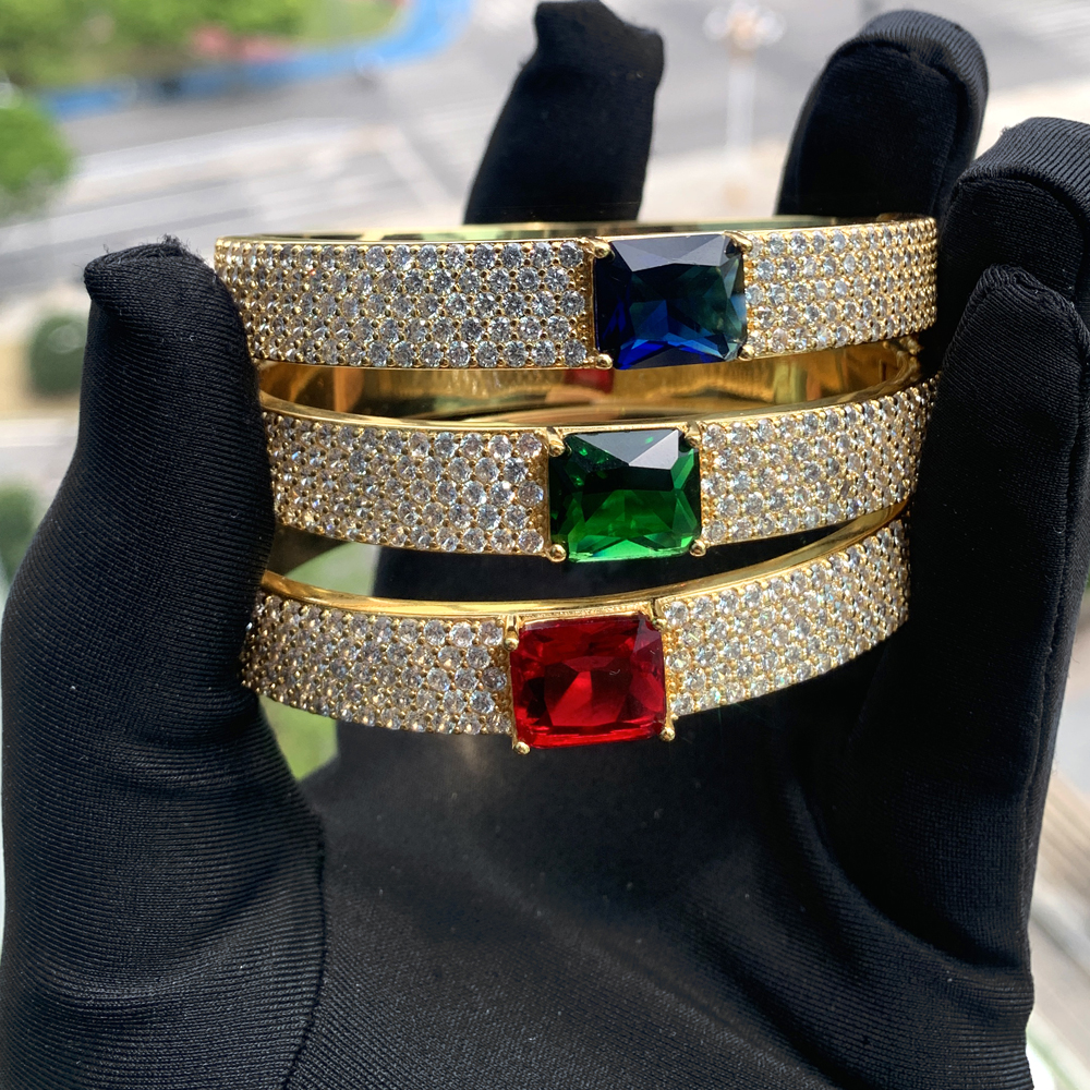 Bg Cz Wide Band for Women Paved Red Green Blue Zircon Gold Color Ice Out Bangle Bracelet Fashion Jewelry