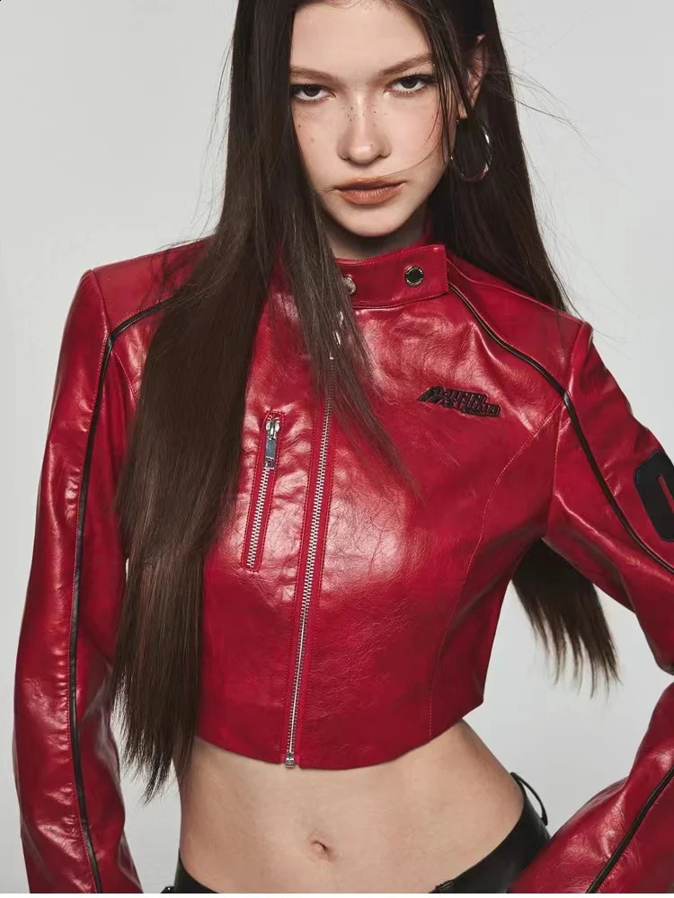 Womens artificial leather jacket with letter printing red short PU leather jacket autumn and winter womens casual street jacket outerwear outerwear 24