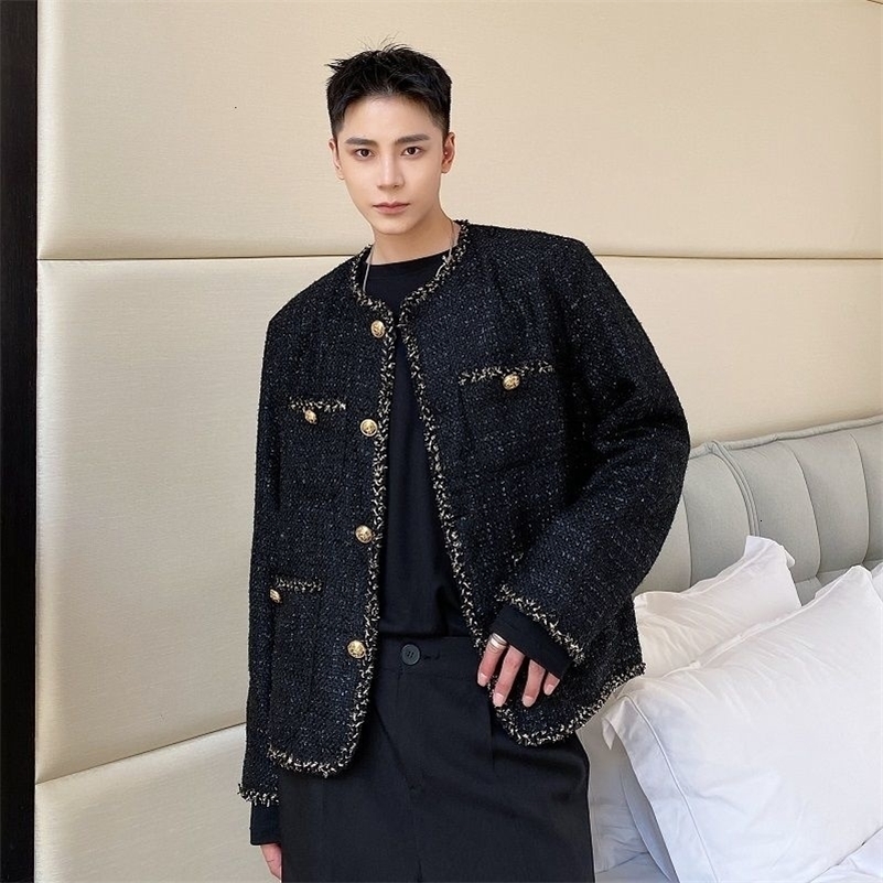 Winter Autumn Menswear Chic Weave Tweed Coat Cardigan Jacket Mens Loose Round Neck Single Breasted Thick Jacket 2D1134 240827