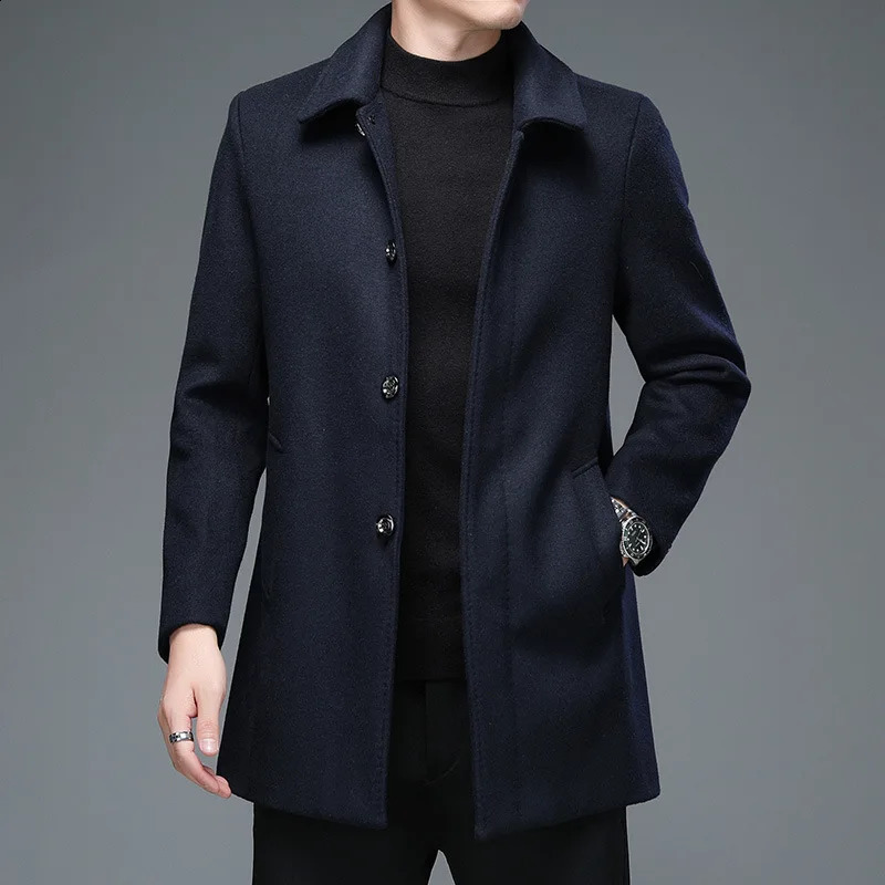 Mens winter warm and casual wool blend trench coat mens autumn fashionable business medium thick slim fit jacket windproof 240827