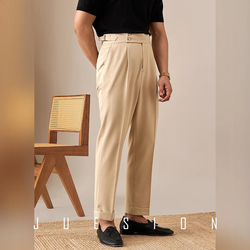 Paris buttoned pants casual mens pants fashion Naples high waisted straight pants mens business version dress ultra-thin mens pants 240828