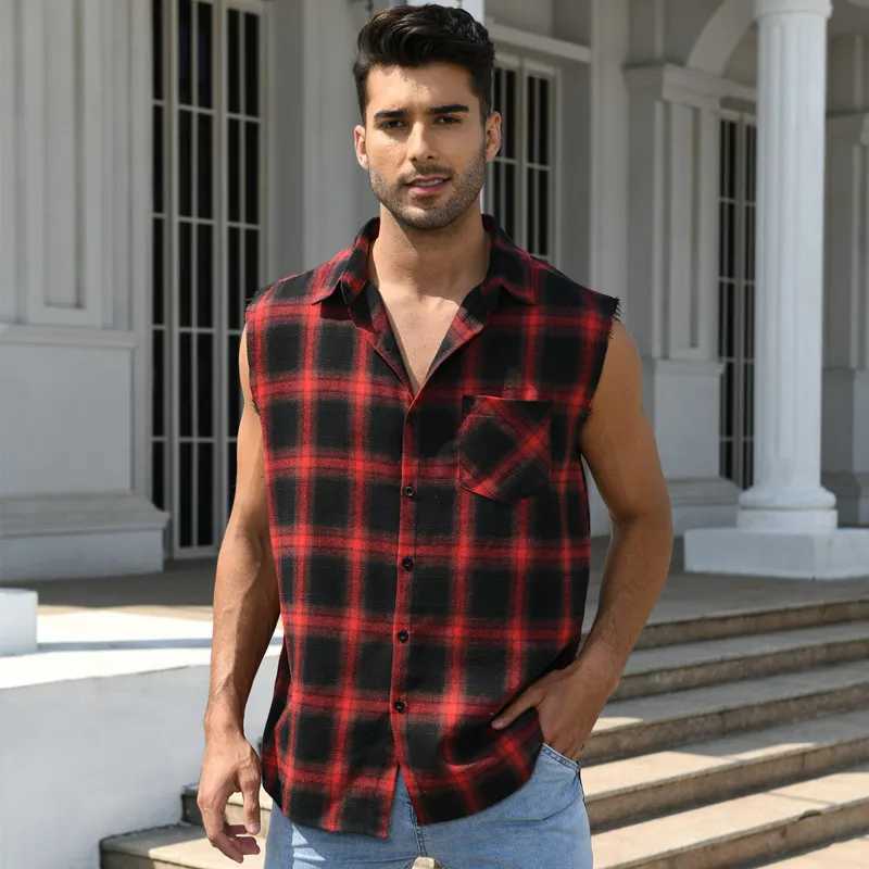 Mens summer fashion casual plain weave sleeveless T-shirt vest button sanding 2023 Korean mens vest top beach vestW240718