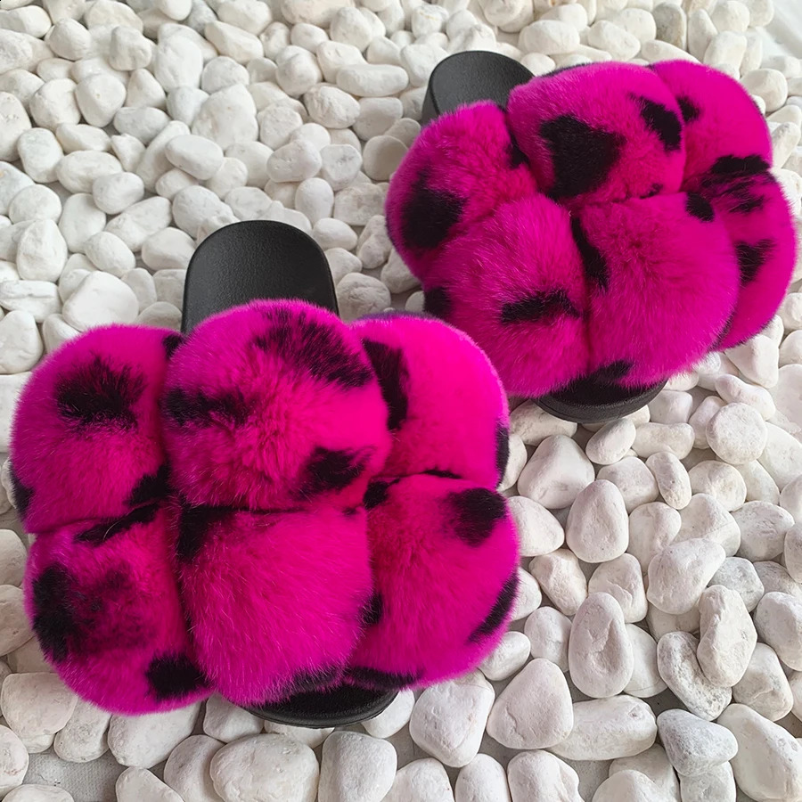 Pom fur slider womens fluffy slider fur sandals real rabbit fur slider fox fur slider multi-color customization 240827