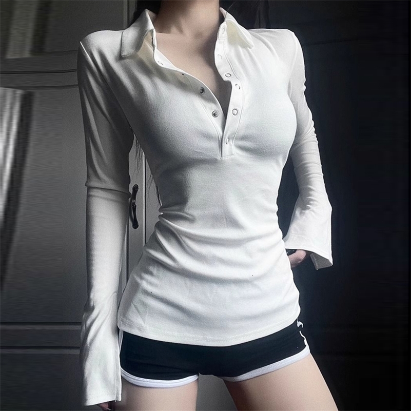Korean womens sexy Y2K long sleeved polo collar button T-shirt autumn and winter fashion solid basic top womens clothing 240827