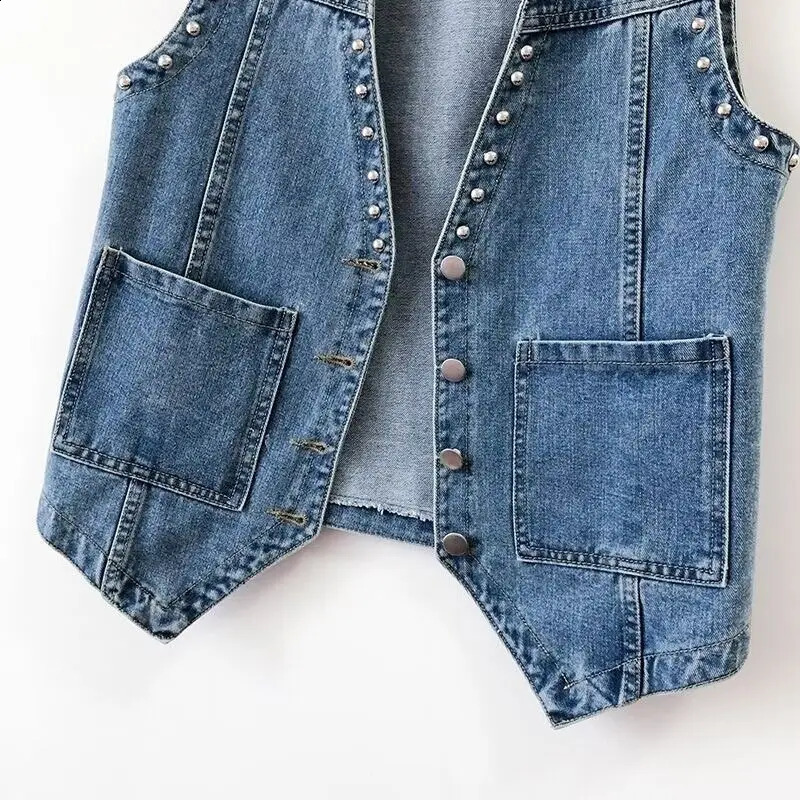 Womens casual rivet denim vest button outdoor pocket jacket 240828