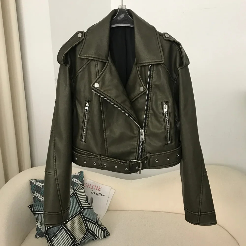 Pu artificial leather jacket womens fashion retro American Spring Street dress short lapel zipper with bicycle jacket fashion street clothing 240827