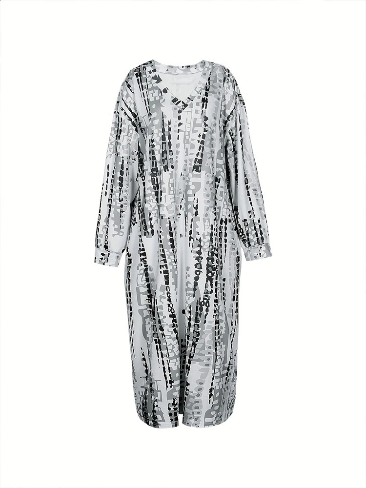 Plus size springsummer womens Vneck long sleeved loose casual irregular pattern printed dress 240828