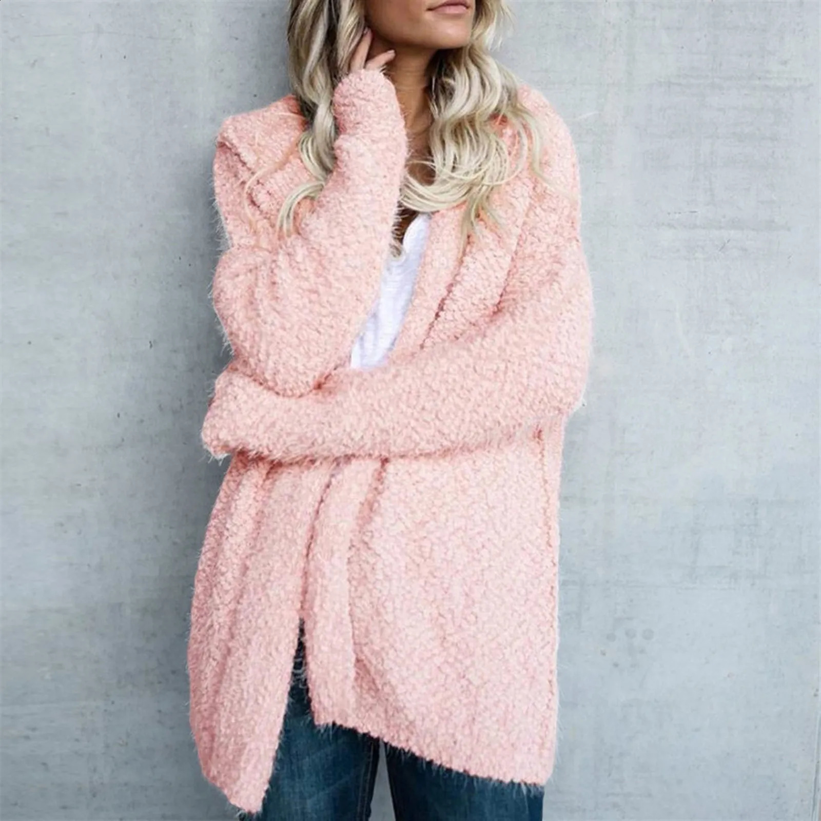 Womens Hooded Oversize Long Cardigan Loose Long Sleeve Sweater Solid Trendy Elegant Office Coat Casual Chunky plus Size Cardigan 240828
