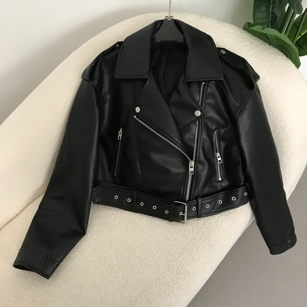 bicycle jacket fashionable womens spring synthetic leather jacket fashionable retro American streetwear short lapel zipper with streetwear 240827