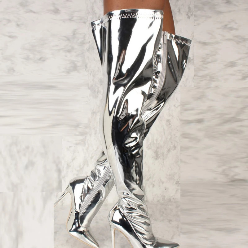 Womens boots mirrored platform Pointy toes knee high and thin boots long boots autumn and winter zippers silver casual party shoes 240827