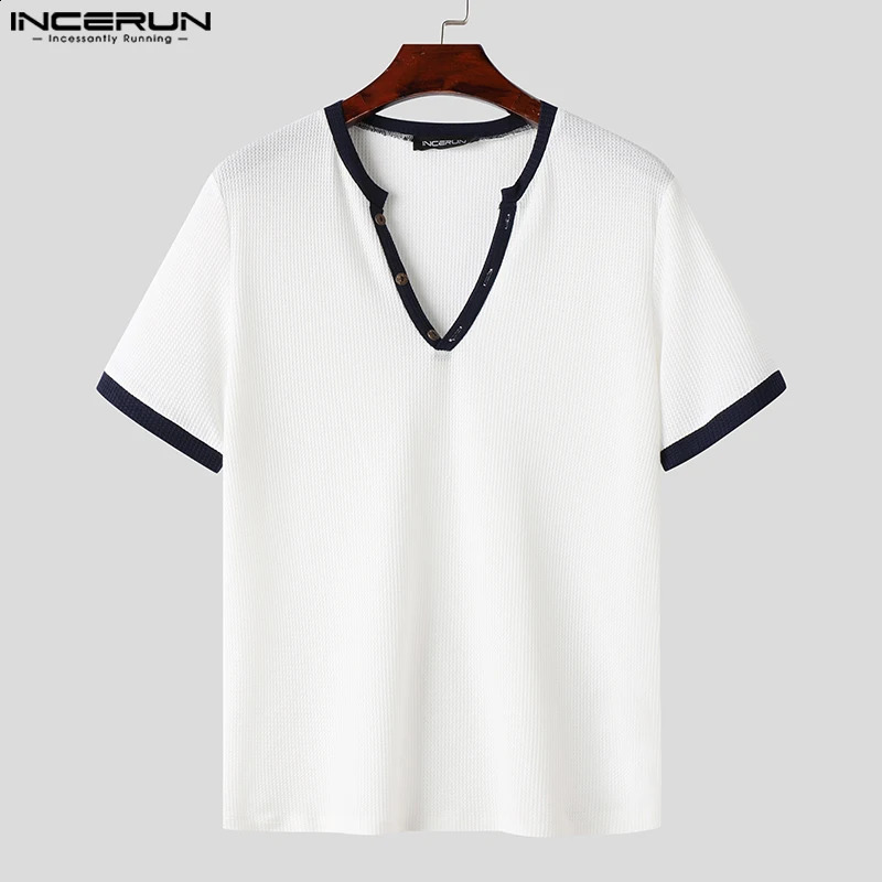 INCERUN Men T Shirt Patchwork V Neck Short Sleeve Summer Fitness Fashion Men Clothing Streetwear 2024 Casual Camsietas S-3XL 240828