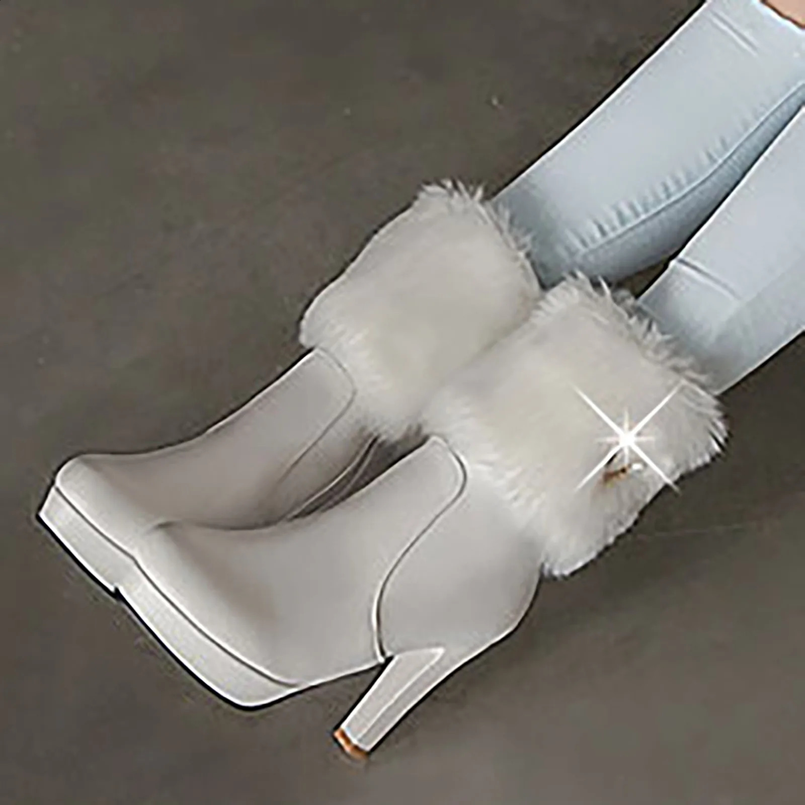 High Heels Fluffy Neck Boots for Womens Winter Rhinestone Foot Boots with Side Zipper Thin Boots Elegant Womens High Heels Shoes 240827