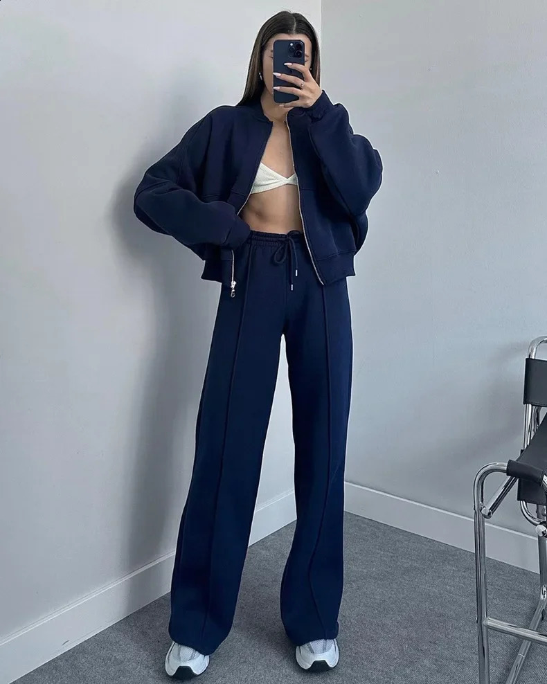 Autumn Hoodie Pants Two Piece Set Womens Fashion Zipper Pocket Casual Jacket Coat Winter Loose Elastic Trouser 240827