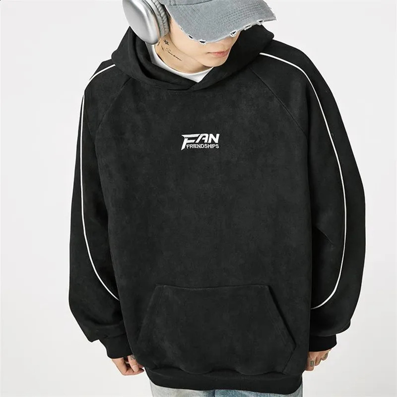 American Hoodie Mens Autumn Winter Loose Fit Raglan Sleeve Letter Embroidered Casual Jacket 240827