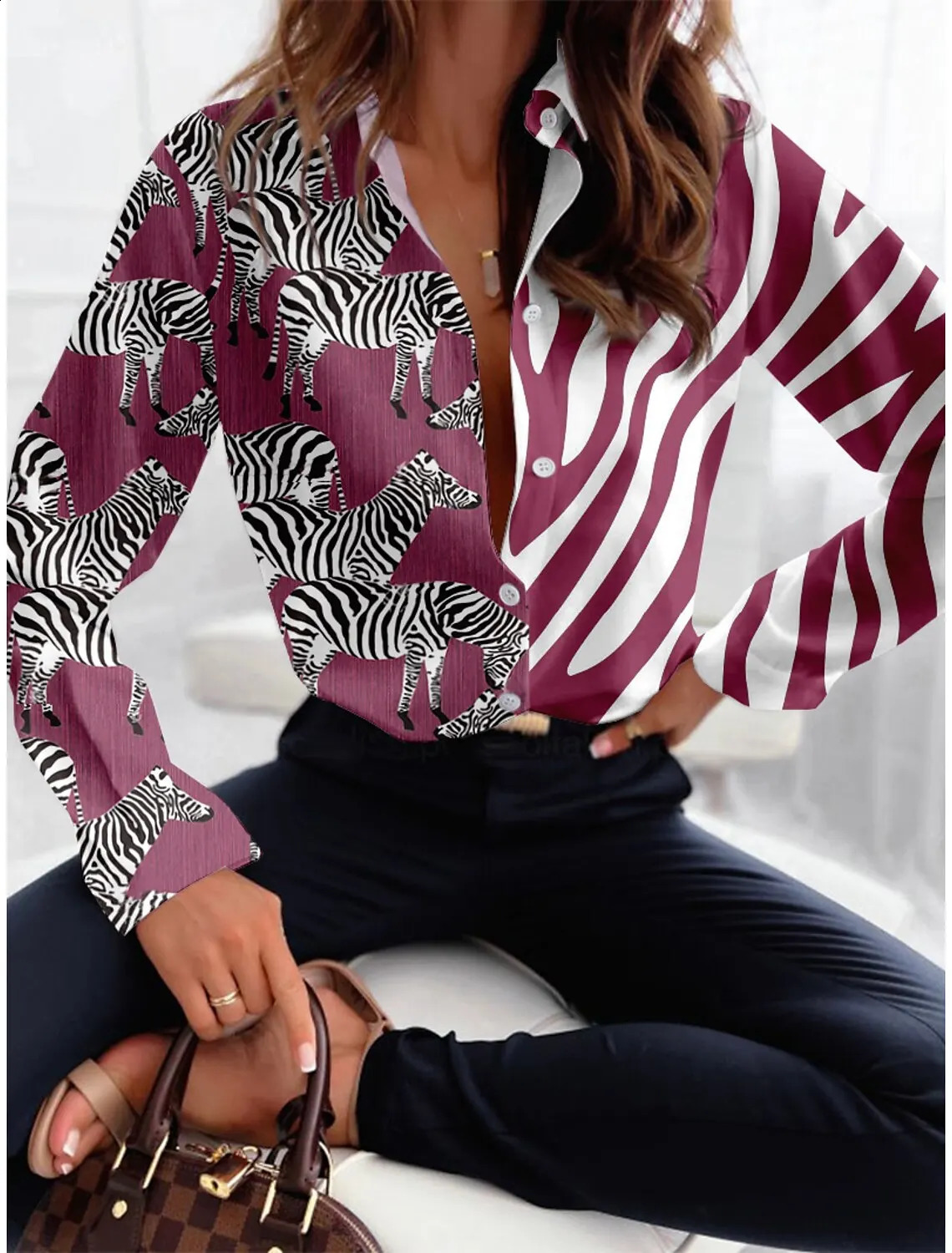McDv Retro Loose Zebra Texture Womens Shirt Fashion Collar Long Sleeve Office Womens Shirt and Top Womens Clothing 2024 240828 - view 4