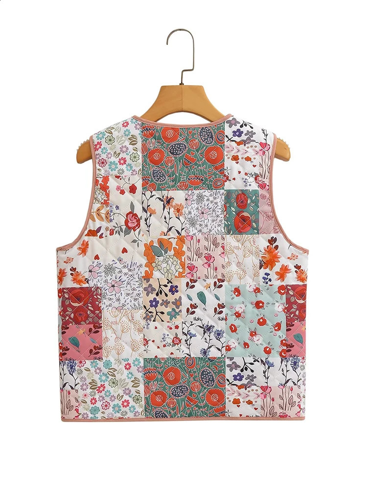 YENKYE Ethnic Womens Patch Work Flower Printed Quilted Tank Top Sleeveless Coat V-neck Pocket Womens Retro Waist Coat 240828