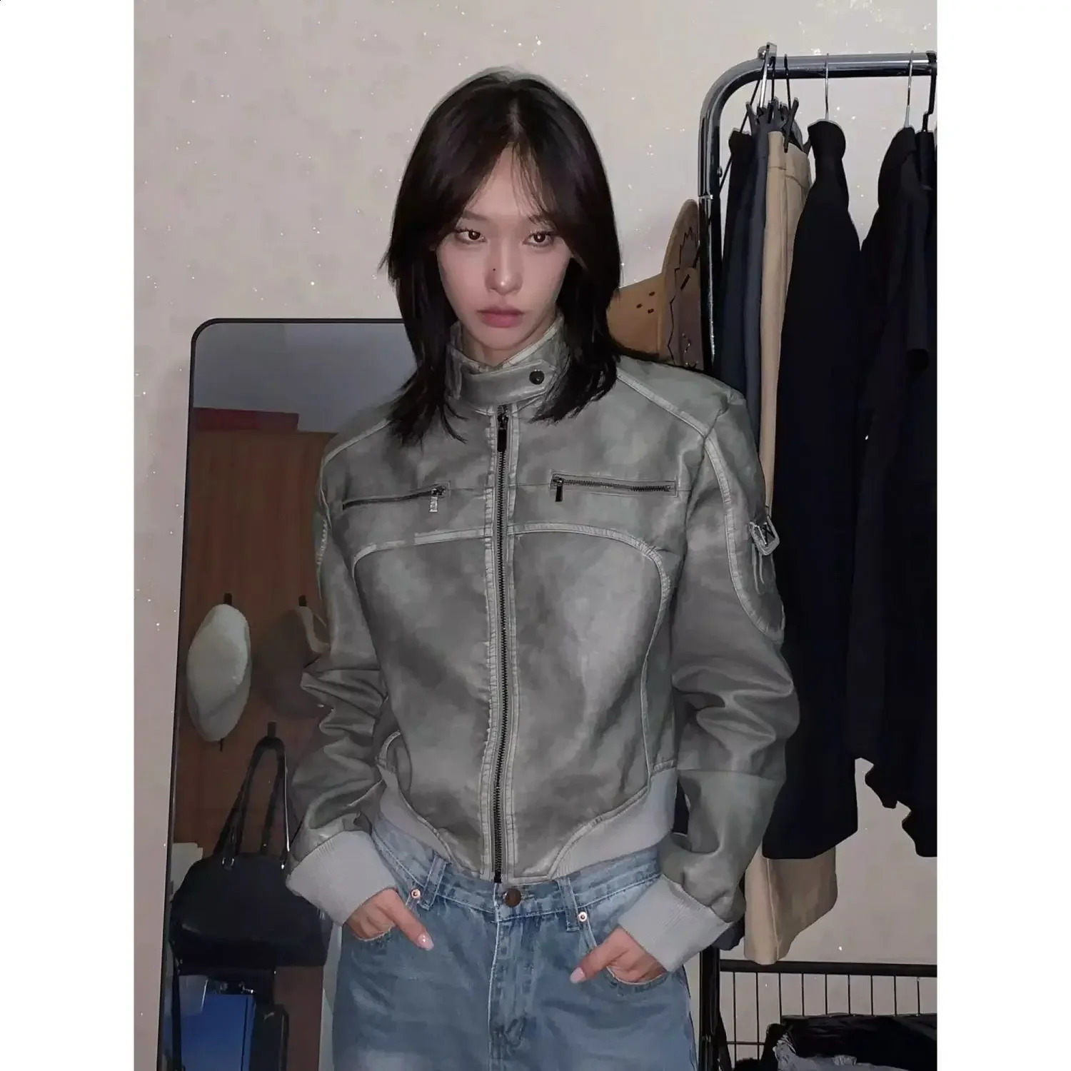 Retro Short Leather Jacket Autumn n Vertical Collar Zipper Gothic Vertical Collar Bomber Jacket 240827