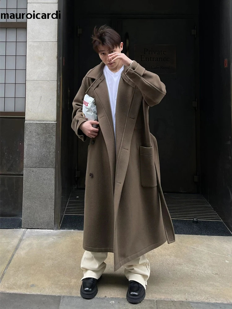 Mauroicardi autumn and winter extra long warm brown wool blend coat mens y ner unisex 240827