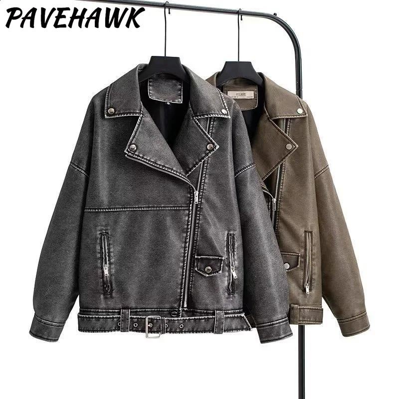 Womens retro Pu leather jacket with lapel zipper loose streetwear motorcycle jacket autumn thick warm casual punk jacket 240827