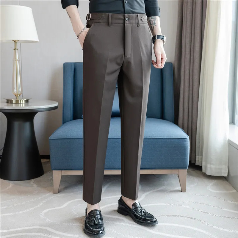 Summer thin Naples casual mens clothing high-end dark green suit pants drawstring cool non ironing fabric elastic waist 240828