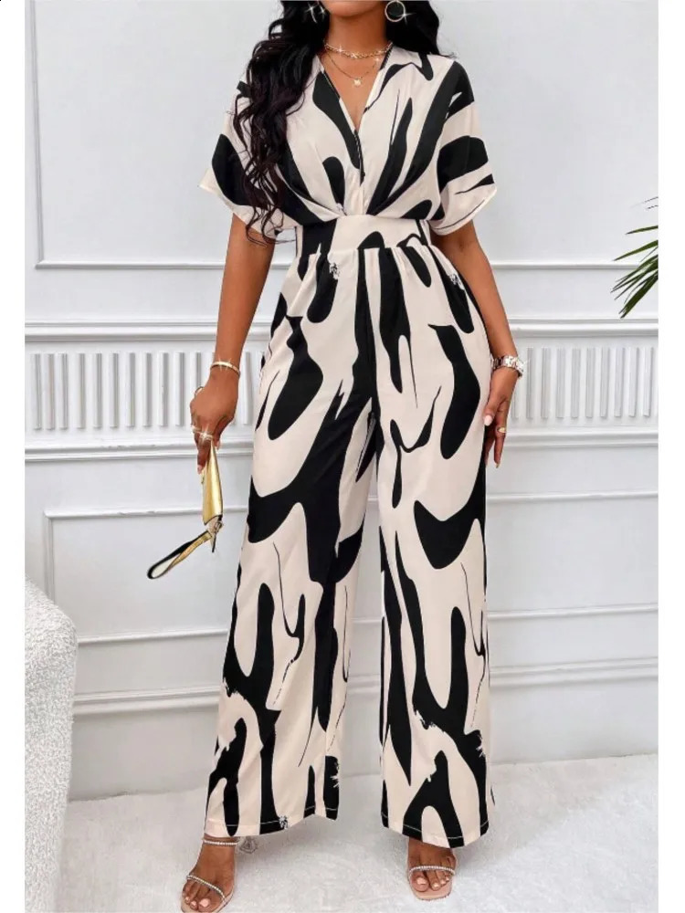 Summer one-piece striped printed short sleeved V-neck womens jumpsuit elegant high waisted wide pants jumpsuit vacation jumpsuit 240827