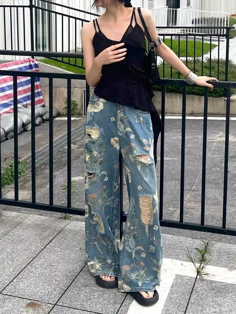 American Vintage Floral Graffiti Print Distressed Jeans for Women Summer Design High Waist Loose Straight Leg Wide Leg Floor-Length Pants
