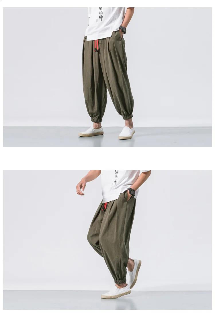 Chinese style linen mens casual pants ninth pair pants loose and wide legs oversized streetwear 240828