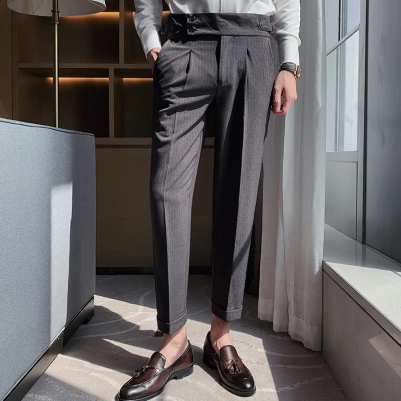 Dating office mens Naples Lamian Noodles high waist straight leg pants striped curly hem casual suit pants spring/summer 240828
