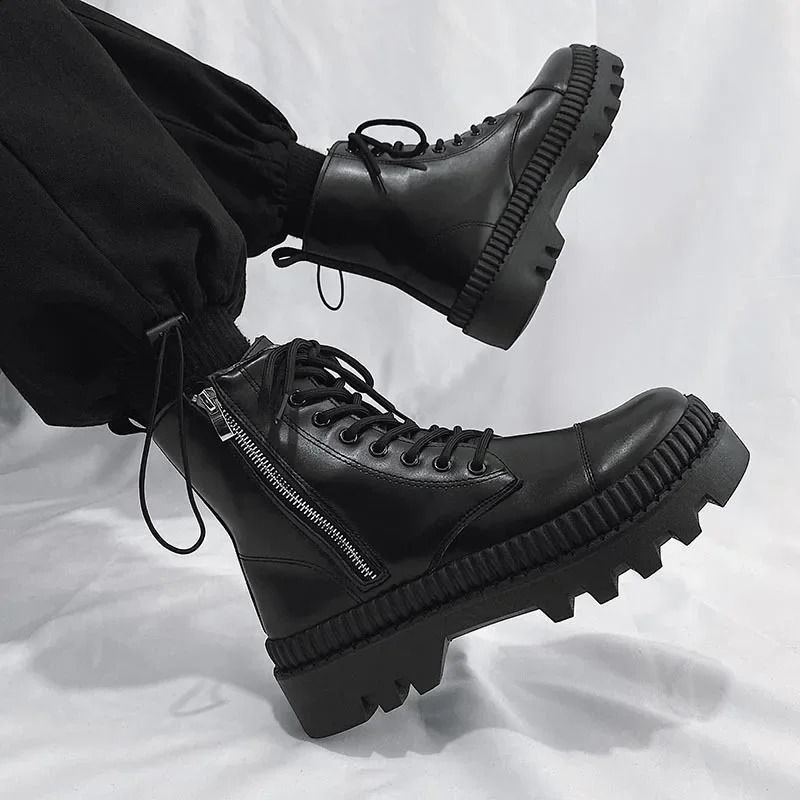 British Style Hightop Leather Large Size Autumn and Winter Trend Side Zipper Men Motorcycle Toog Boots 240826
