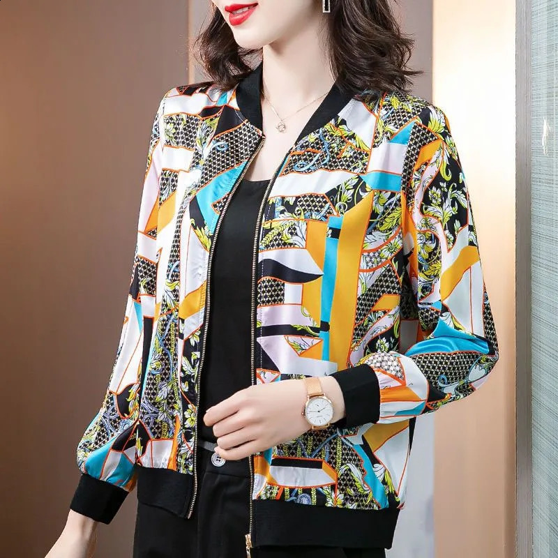Spring/Summer Fashion Trend Silk Short Round Neck Printed Loose Edition Large Casual Jacket Long Sleeve Coat 240827