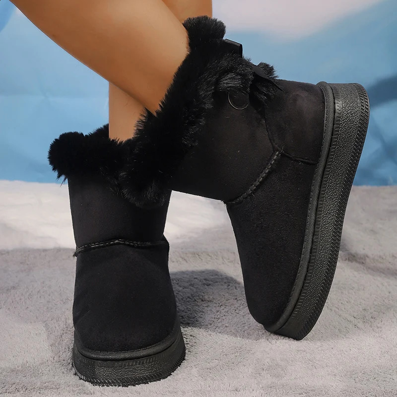 Winter Faux Suede Women Fluffy Snow Warm Plush Platform Ankle Booties Woman Bow Slip On Cotton Boots 36-42 240826