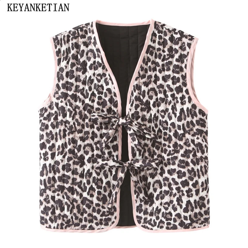 KEYANKETIAN womens leopard print sleeveless padded vest retro style bow lace V-neck thin short vest 240828