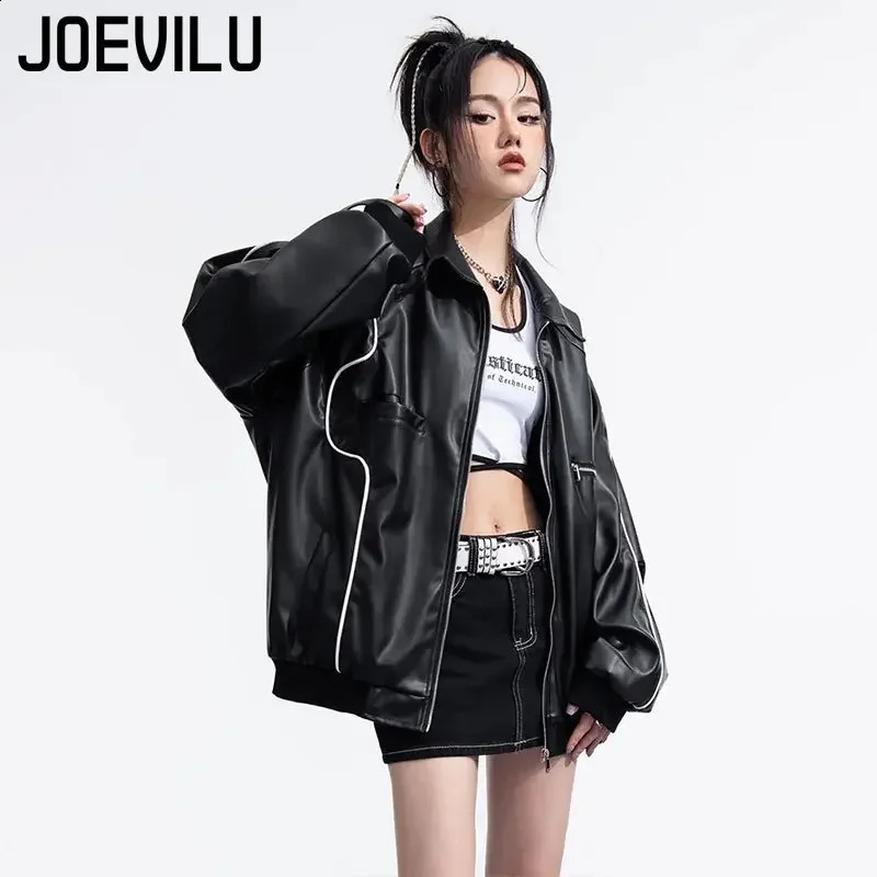 Black leather bomber jacket streetwear motorcycle Pu baseball jacket loose casual zipper cardigan top unisex hip-hop jacket 240827