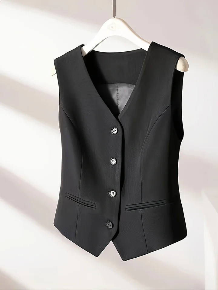 Retro V-neck suit vest elegant womens casual single chest sleeveless jacket fashionable ultra-thin solid color vest simple and unique 240828
