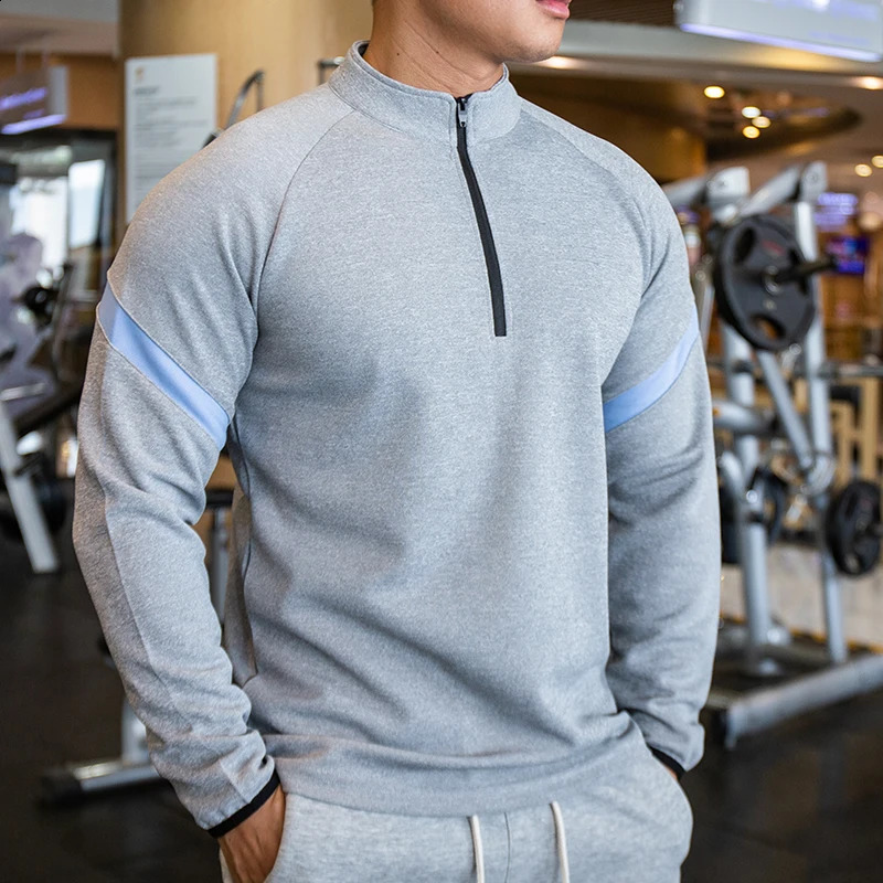 Gym mens Tshirt long sleeved ultrathin dry fit sports fitness winter comfortable breathable training half zip collar sportswear 240827