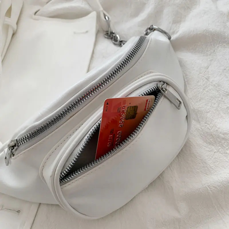 Crossten Waist Bag Fashion Leather Belt Chest Bag Chain Fanny Packs Women Black Solid Double Zipper Banana BumBag Phone Pouch 240828