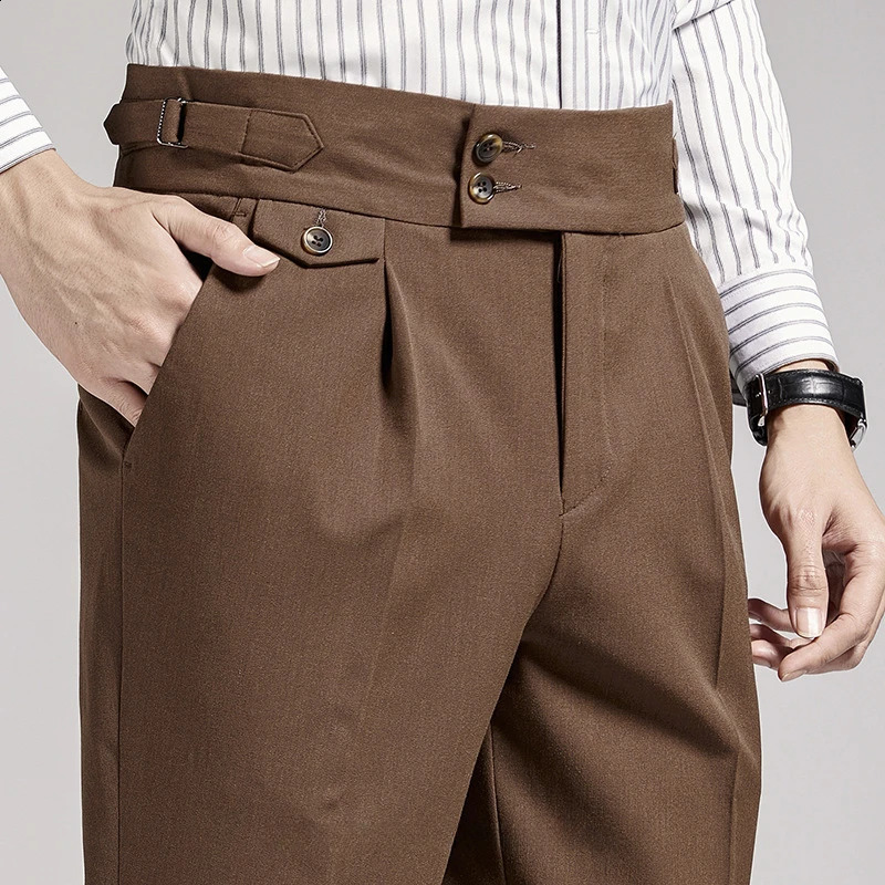 High end Neapolitan mens pants brown black British high waisted 9-point pants slim fit Trouser commercial formal social 240828