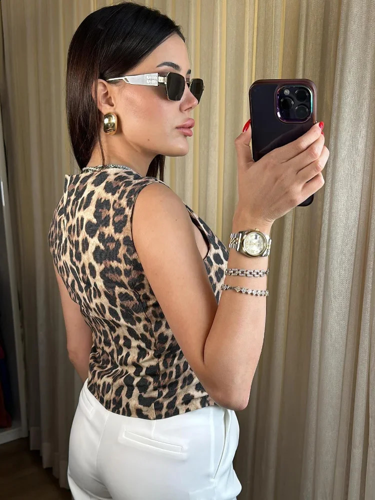 Autumn womens leopard print suit vest jacket fashion single chest sleeveless V-neck vest top fashion womens clothing 240828