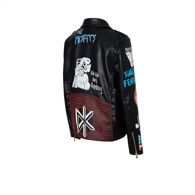 Contrast Graffiti Print womens and mens leather jackets streetwear punk style black faux leather motorcycle jacket 240827