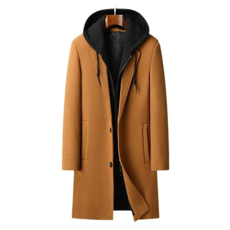 Mens hooded wool blended cashmere long coat trench mens winter business casual jacket size 4XL 240827