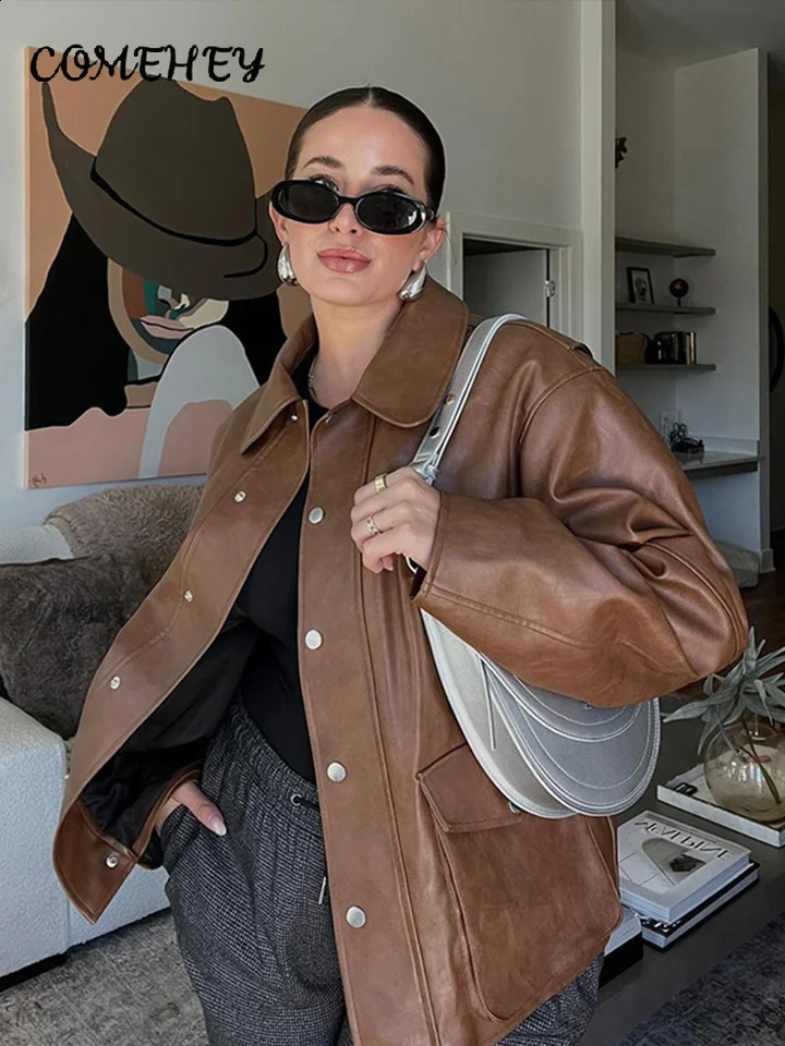 Retro leather jacket womens fashionable lapel single chest pocket loose womens jacket autumn full matching womens jacket 240827