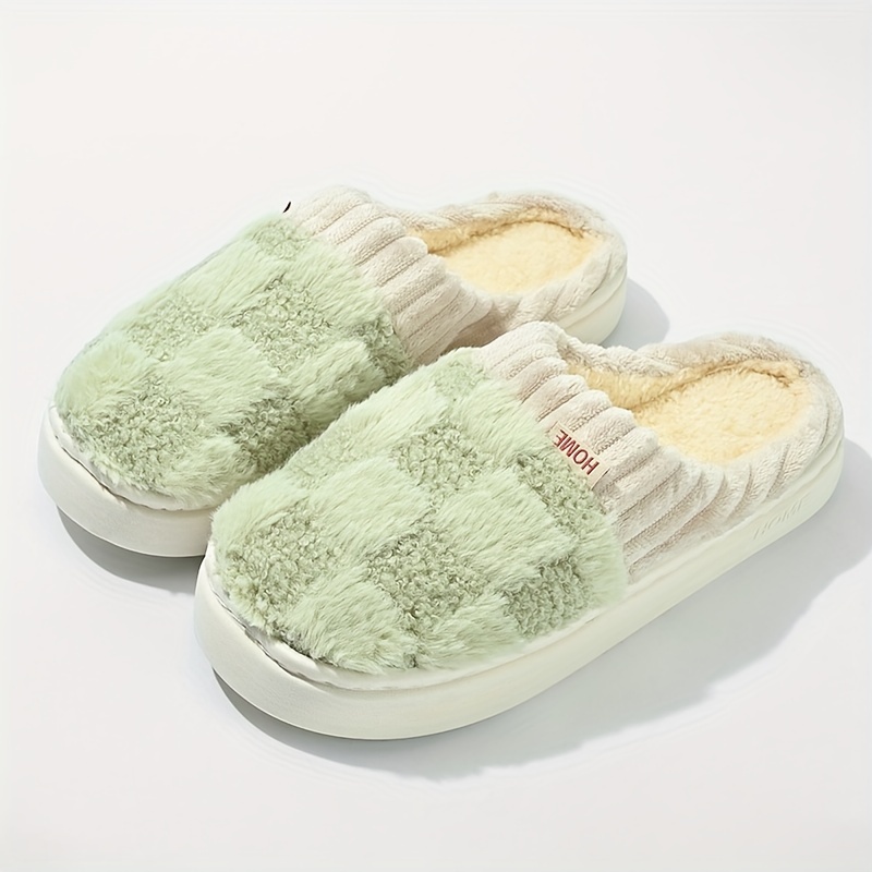 Cozy Plaid Plush Slippers - Soft fabric upper, comfortable closed toe, warm plush lining, PVC sole, casual slipper style, winter warmth - Great for in