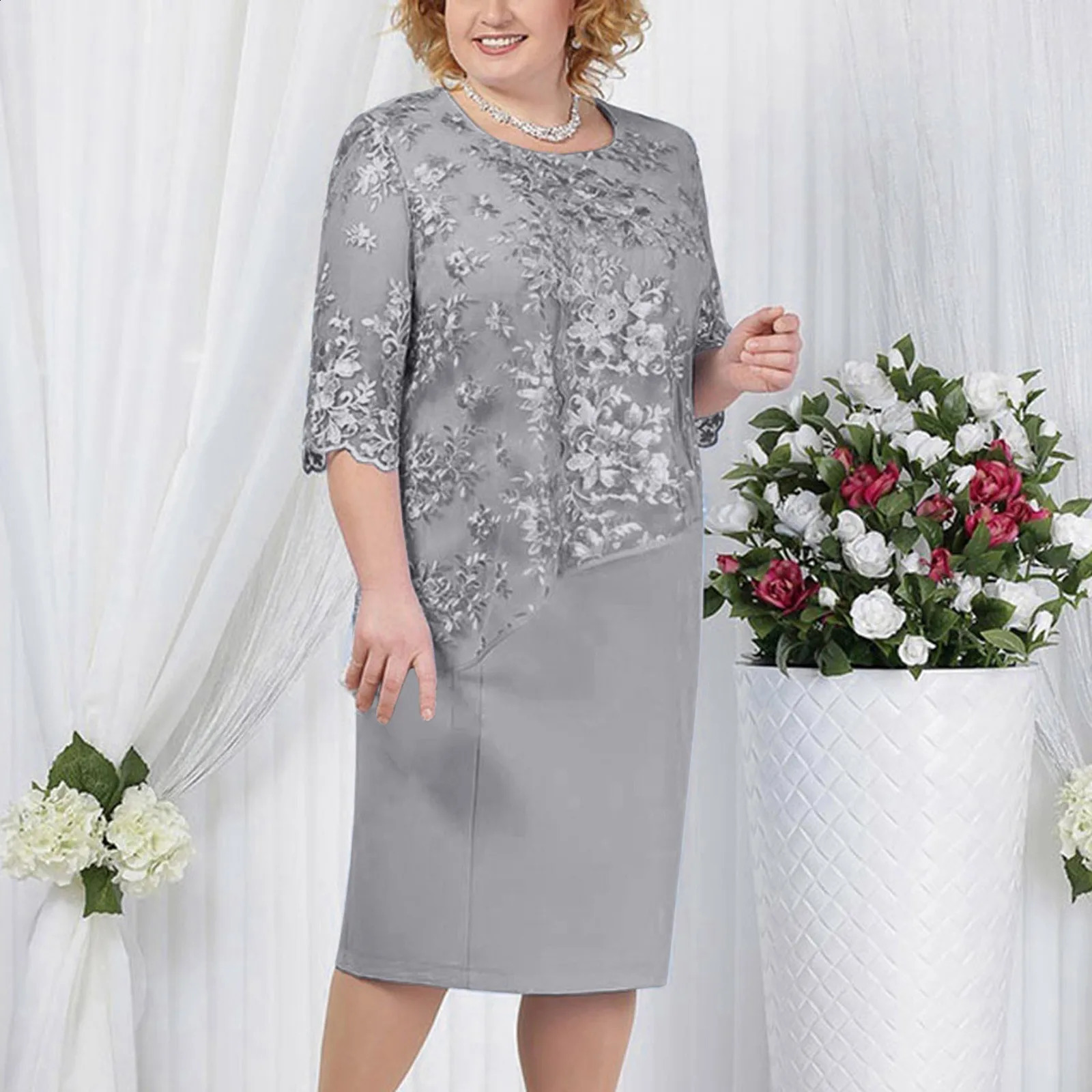 Plus Size Midi Dress 5XL Elegant O-neck High-Waist Embroidery Lace 34 Sleeve Lady Evening Dress Female Clothing Robe 240828