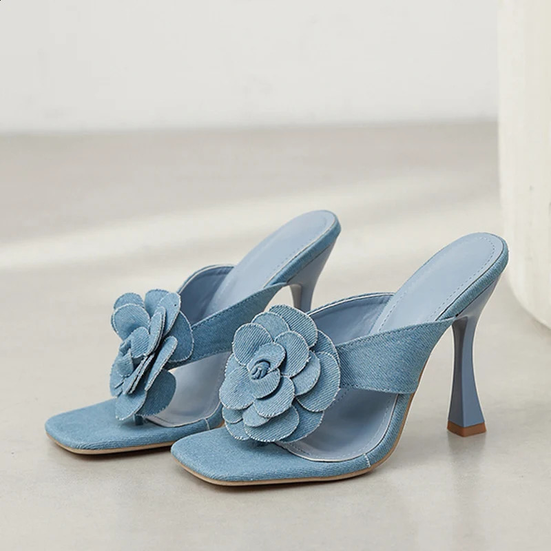 Liyke Outdoor Street Womens Sexy Square Toe 10.5CM Thin High Heels Modern Slippers Blue Denim Flower Summer Sandals 240827