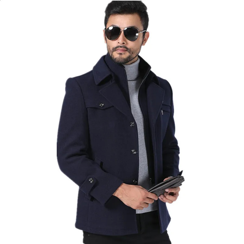Autumn and Winter Black Thick Casual Mens Medium to Long Double Collar Wool Coat 240827