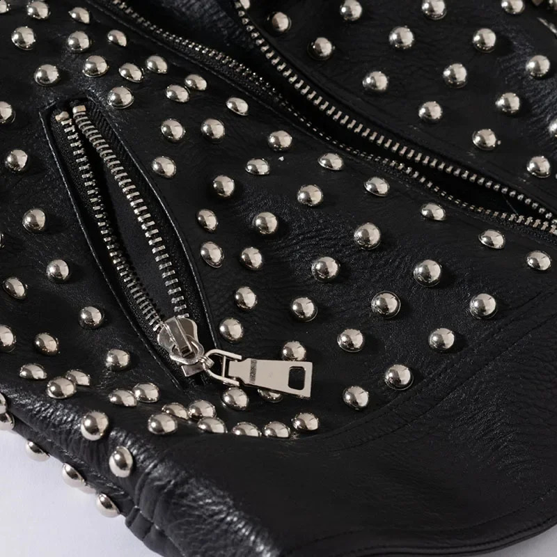 Punk Rivet Black Ultra Thin Motorcycle Leather Jacket for Women Street Clothing Comparison Printed Artificial Leather Cutting Jacket XXXL 240827