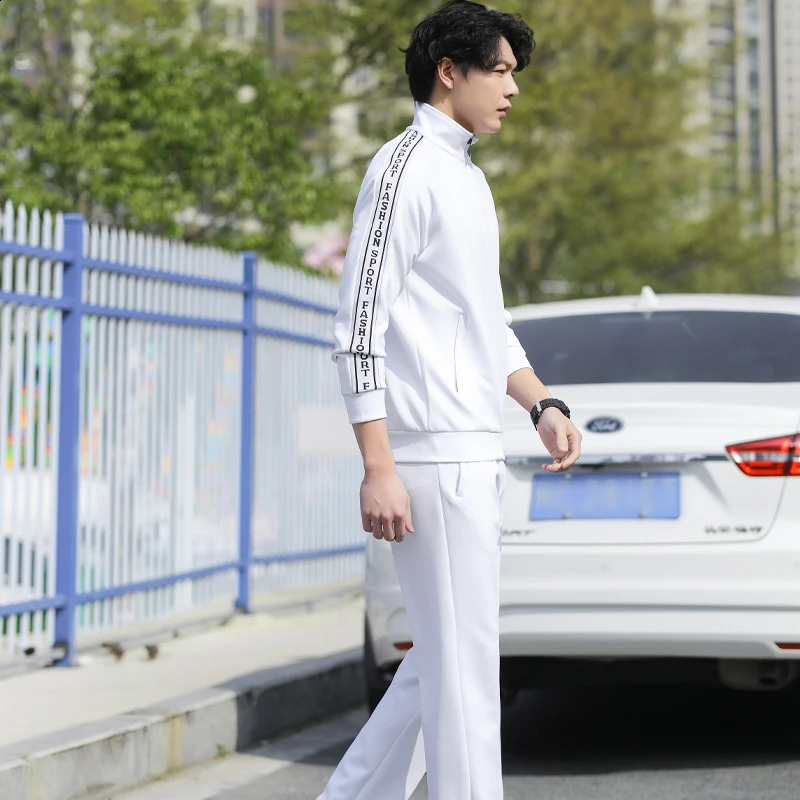Mens sports shirt set casual white track suit mens spring and autumn set 2-piece ultra-thin sports shirtpants breathable clothing 240827