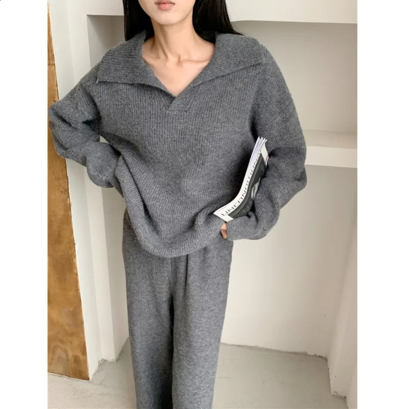 Winter Warm Knitted Two Piece Set for Womens Clothing Korean Casual Solid Collar SweaterWide Leg Pants 240827