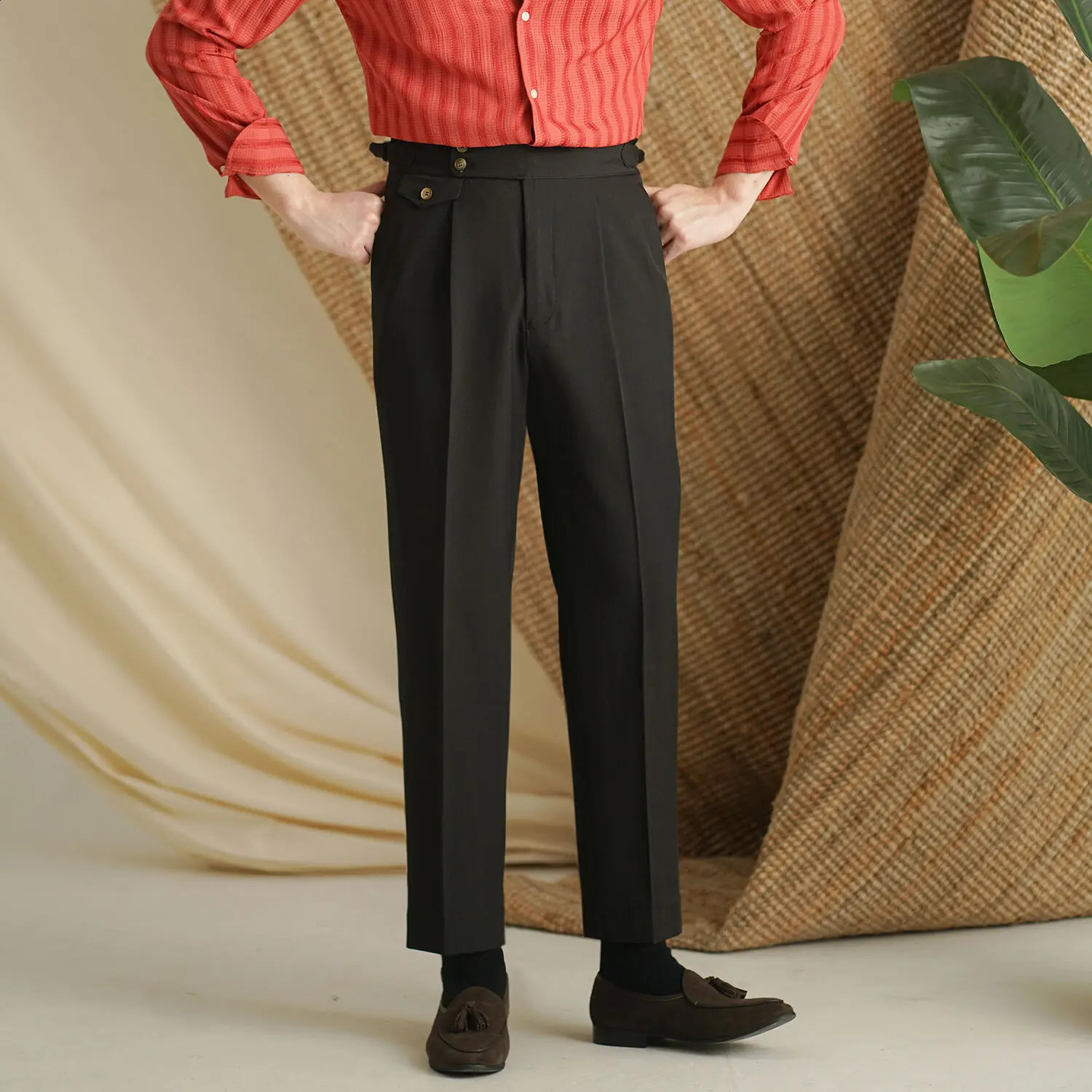 Black Naples mens high waisted pants casual mens dress pants ultra-thin fit straight leg pants Drape Pantalon clothing from the UK 240828